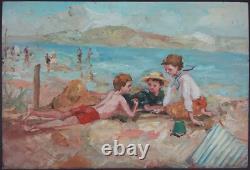 Ancien Tableau Enfants à la Plage Peinture Huile Oil Painting Children Beach