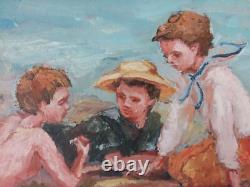 Ancien Tableau Enfants à la Plage Peinture Huile Oil Painting Children Beach