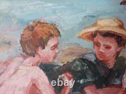 Ancien Tableau Enfants à la Plage Peinture Huile Oil Painting Children Beach