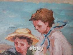 Ancien Tableau Enfants à la Plage Peinture Huile Oil Painting Children Beach