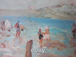 Ancien Tableau Enfants à la Plage Peinture Huile Oil Painting Children Beach