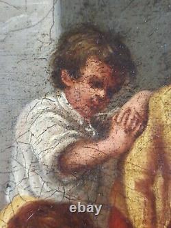 Ancien Tableau Enfants autour d'un Panier Peinture Huile 1848 Antique Painting