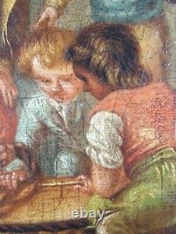 Ancien Tableau Enfants autour d'un Panier Peinture Huile 1848 Antique Painting
