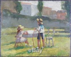 Ancien Tableau Enfants dans un Parc Peinture Huile Antique Oil Painting