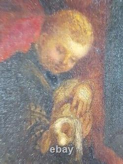 Ancien Tableau Enfants et leur Chien Peinture Huile Antique Oil Painting Dog