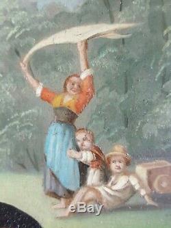 Ancien Tableau Famille Peinture Huile Antique Oil Painting Antico Dipinto