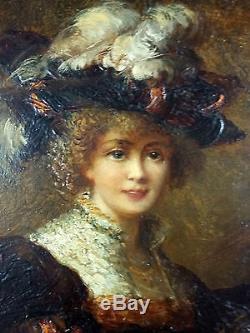 Ancien Tableau Femme Au Chapeau Peinture Huile Antique Oil Painting