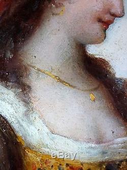 Ancien Tableau Femme Au Tambourin Peinture Huile Antique Oil Painting