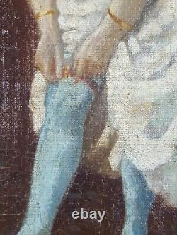 Ancien Tableau Femme à la Jarretière Peinture Huile Toile Oil Painting Gemälde