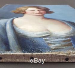 Ancien Tableau Femme à la Robe Bleue Peinture Huile Antique Oil Painting