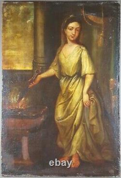 Ancien Tableau Femme au Brasero Peinture Huile Antique Oil Painting Dipinto