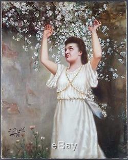 Ancien Tableau Femme au Cerisier Peinture Huile Antique Oil Painting