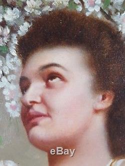 Ancien Tableau Femme au Cerisier Peinture Huile Antique Oil Painting