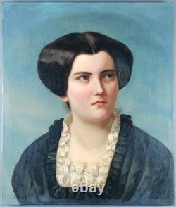 Ancien Tableau Femme au Col Blanc Peinture Huile Portrait Woman Oil Painting