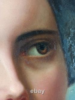 Ancien Tableau Femme au Col Blanc Peinture Huile Portrait Woman Oil Painting