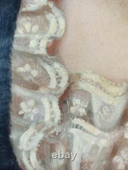 Ancien Tableau Femme au Col Blanc Peinture Huile Portrait Woman Oil Painting