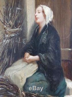 Ancien Tableau Femme sur le Pas de sa Porte Peinture Huile Oil Painting