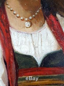 Ancien Tableau Fille Au Collier De Perles Peinture Huile Antique Oil Painting