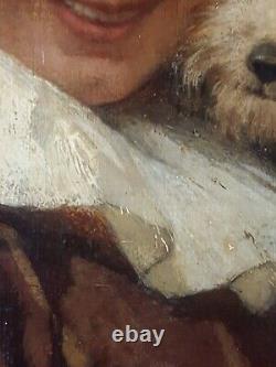 Ancien Tableau Fille tenant un Chien Peinture Huile Antique Painting Girl Dog