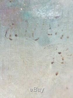 Ancien Tableau Fillette Assise sur Banc Peinture Huile Antique Oil Painting