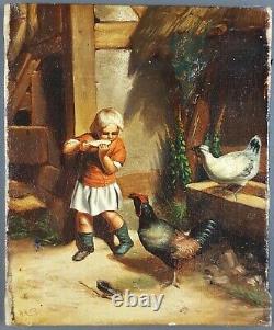Ancien Tableau Fillette à la Campagne Peinture Huile Oil Painting Little Girl