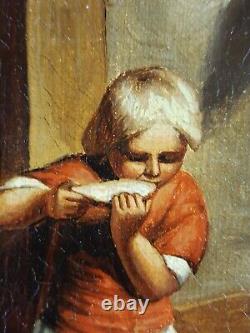 Ancien Tableau Fillette à la Campagne Peinture Huile Oil Painting Little Girl