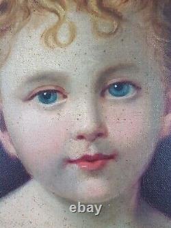 Ancien Tableau Fillette au Ruban Rose Peinture Huile Oil Painting Little Girl