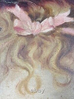 Ancien Tableau Fillette au Ruban Rose Peinture Huile Oil Painting Little Girl