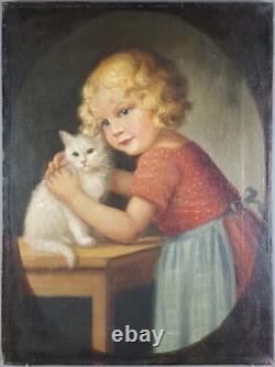Ancien Tableau Fillette et son Chat Peinture Huile Painting Little Girl Cat