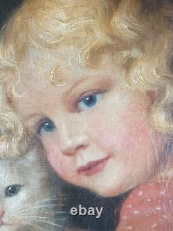 Ancien Tableau Fillette et son Chat Peinture Huile Painting Little Girl Cat