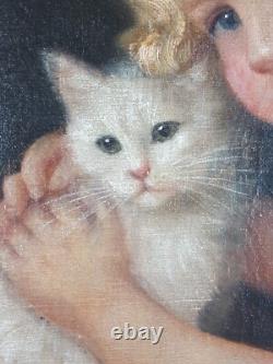 Ancien Tableau Fillette et son Chat Peinture Huile Painting Little Girl Cat