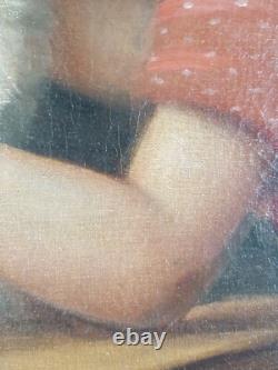 Ancien Tableau Fillette et son Chat Peinture Huile Painting Little Girl Cat