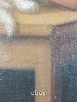 Ancien Tableau Fillette et son Chat Peinture Huile Painting Little Girl Cat