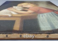 Ancien Tableau Fillette et son Chat Peinture Huile Painting Little Girl Cat
