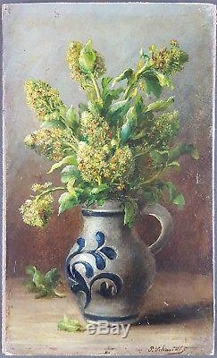 Ancien Tableau Fleurs dans une Cruche Peinture Huile Antique Oil Painting