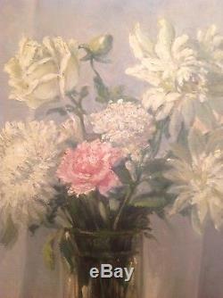 Ancien Tableau Francisque POMAT (1874-1944) Bouquet Roses Dahlias Huile signée