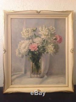 Ancien Tableau Francisque POMAT (1874-1944) Bouquet Roses Dahlias Huile signée