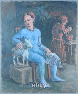 Ancien Tableau Garçon au Journal Peinture Huile Expressionism Oil Painting Boy