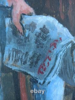 Ancien Tableau Garçon au Journal Peinture Huile Expressionism Oil Painting Boy