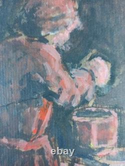Ancien Tableau Garçon au Journal Peinture Huile Expressionism Oil Painting Boy