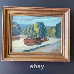 Ancien Tableau HSC Peinture Fauve Péniche sur le Canal Signé Art Lorrain