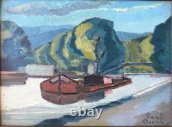 Ancien Tableau HSC Peinture Fauve Péniche sur le Canal Signé Art Lorrain