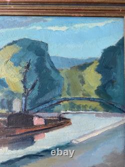 Ancien Tableau HSC Peinture Fauve Péniche sur le Canal Signé Art Lorrain