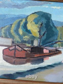 Ancien Tableau HSC Peinture Fauve Péniche sur le Canal Signé Art Lorrain