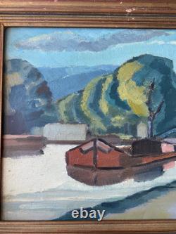 Ancien Tableau HSC Peinture Fauve Péniche sur le Canal Signé Art Lorrain