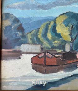 Ancien Tableau HSC Peinture Fauve Péniche sur le Canal Signé Art Lorrain