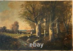 Ancien Tableau HST Barbizon Paysage Animé Fermière Poules Signé E. Ricard