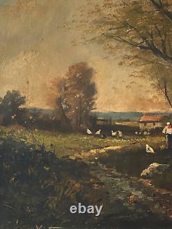 Ancien Tableau HST Barbizon Paysage Animé Fermière Poules Signé E. Ricard