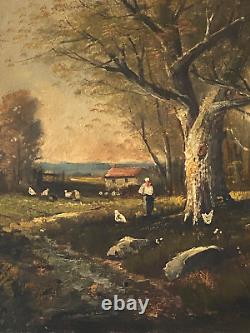 Ancien Tableau HST Barbizon Paysage Animé Fermière Poules Signé E. Ricard