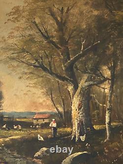 Ancien Tableau HST Barbizon Paysage Animé Fermière Poules Signé E. Ricard